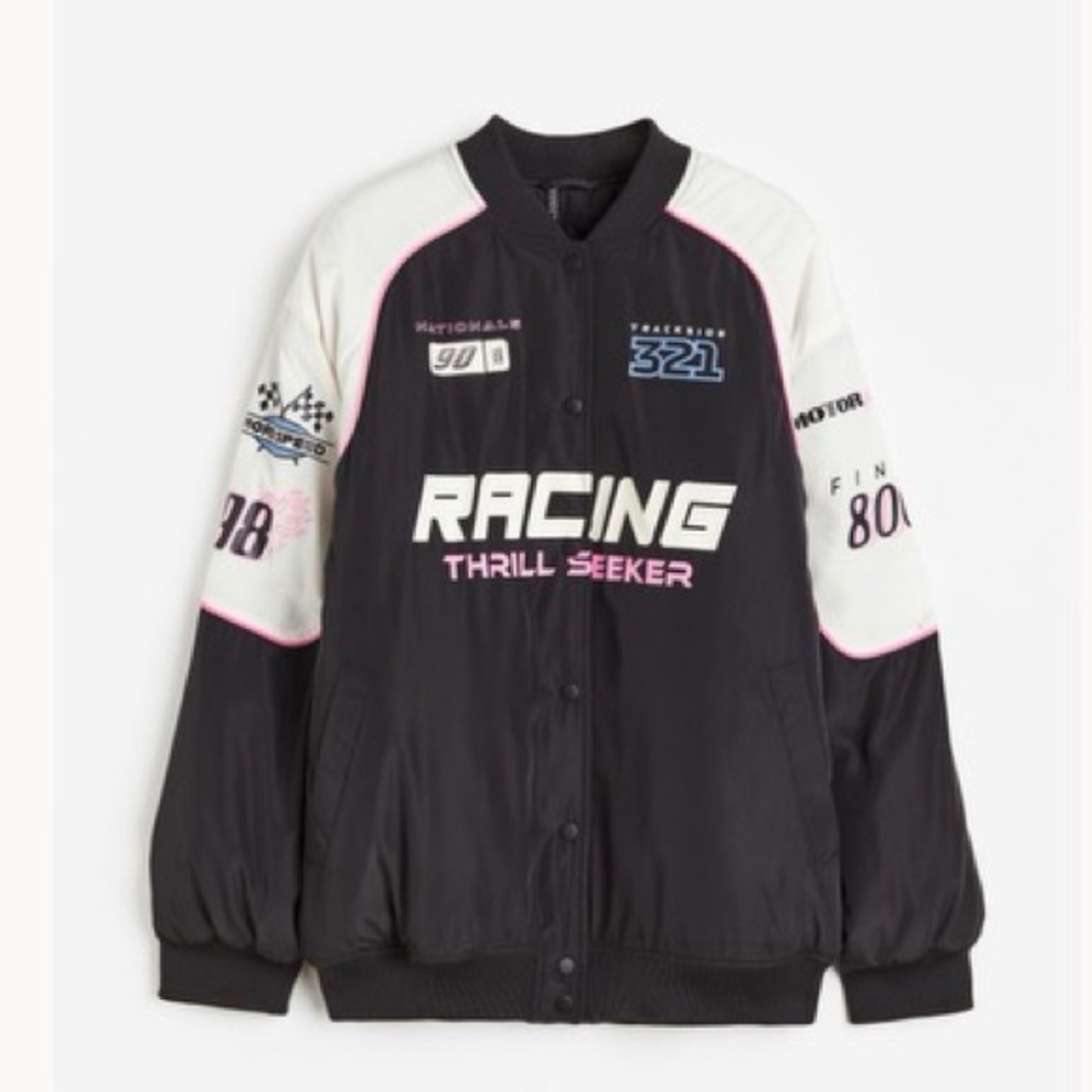 h and m oversized printed bomber jacket woman’s size small black